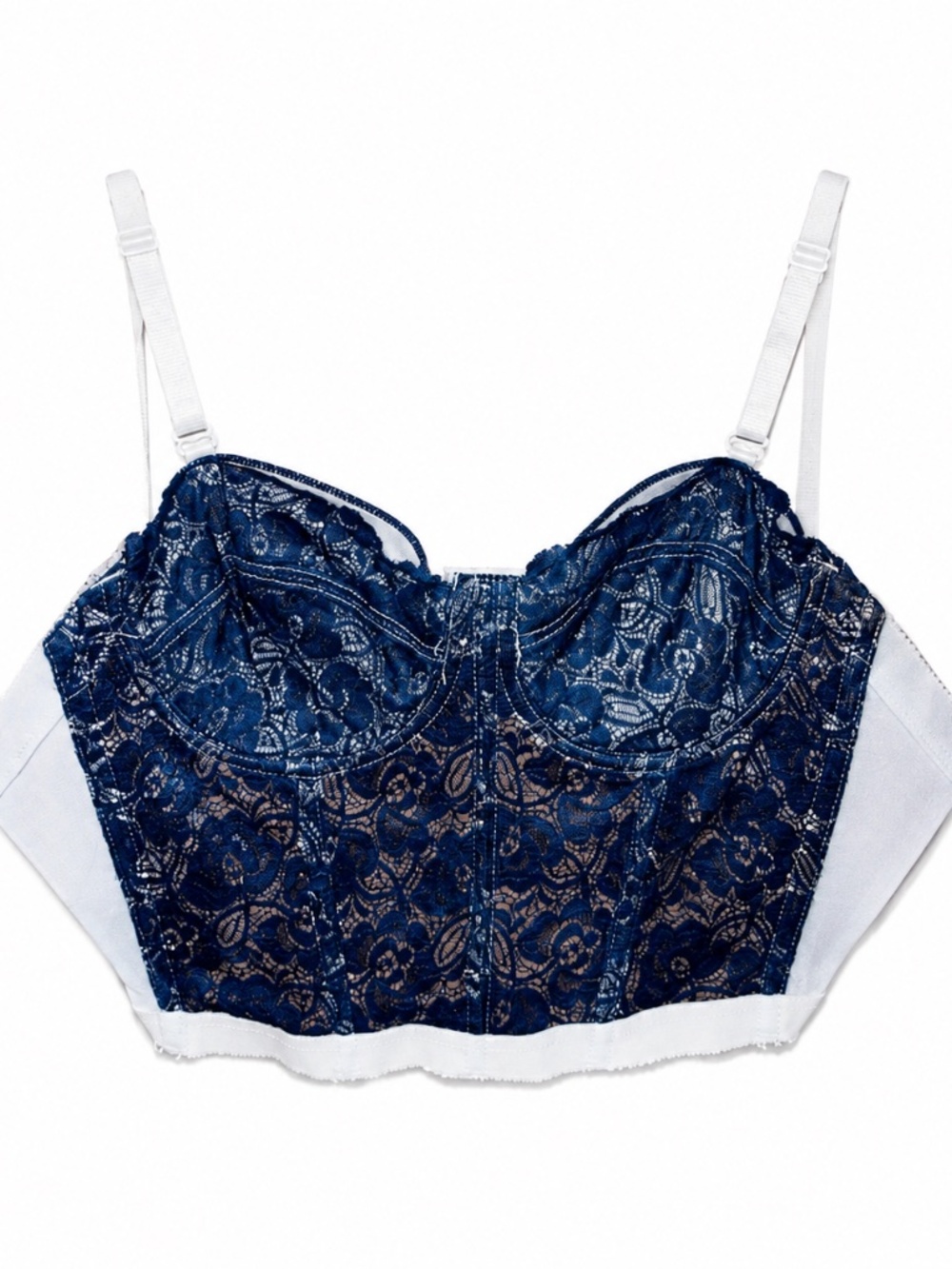 VTG Y2K Navy Lace Bustier Corset Crop Top Pin-Up Coquette Lingerie
